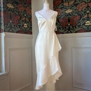 Ivory Satin Asymmetrical Ruffle Midi Dress 🪽 Bridal